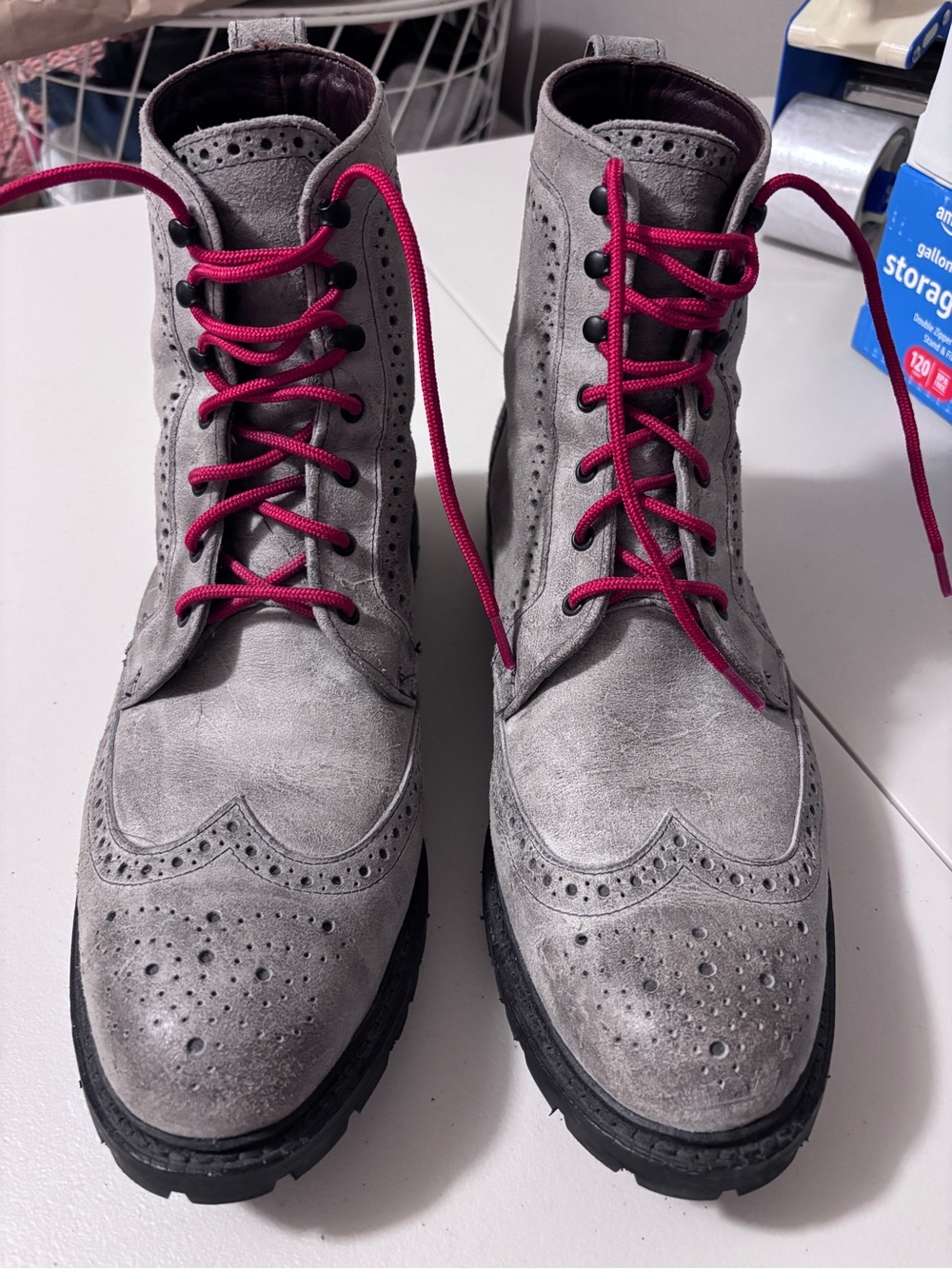 Allen Edmonds Long Branch Grey Leather Wingtip Boots Size 14 Red Laces Vibram